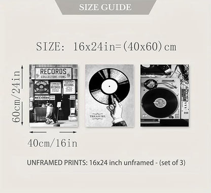 3Pcs Retro Music Poster Wall Art Fashion Black And White Photography Preppy Vinyl Record Store Painting Picture Wall Decor Bar Rock Music Lovers Print Artwork for Recording Studio Club Home Decoration