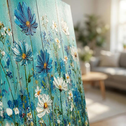 BQVCT Turquoise Blue and White Daisy Wall Art 30x58 Inch Large Gallery Wrapped Canvas Print Modern Floral Painting on Faux Wood Texture Ready to Hang for Living Room Bedroom Office Decor