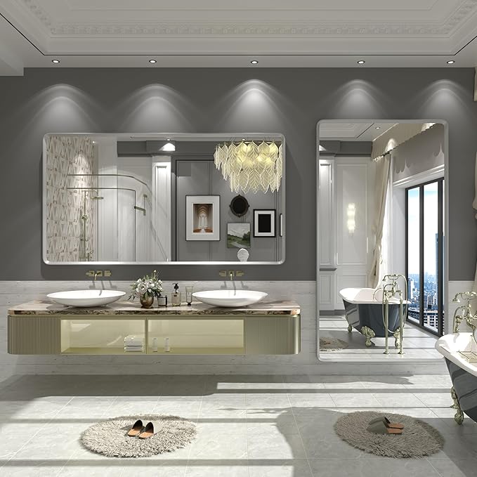 60x36 Silver Mirror for Bathroom, Large Silver Vanity Mirror for Wall, Large Rounded Rectangle Mirror, Beveled Border, Anti-Rust, Shatterproof (Horizontal/Vertical)