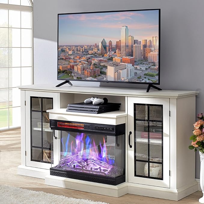 AMERLIFE 3-Sided Glass Fireplace TV Stand for TVs up to 65'' with 12 Color, Media Entertainment Center Console Table with Doors Closed Storage, White