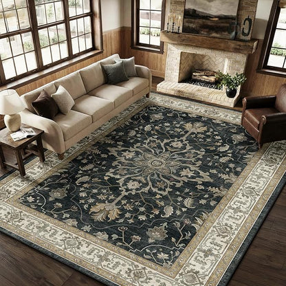 RELEANY Area Rugs 8'x10' Washable Non-Slip, Floral Vintage Distress Print Pattern Medallion Carpet for Living Room Bedroom Dining Room, Vintage Black Brown Neutral