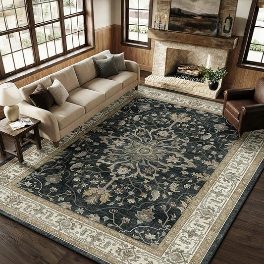 RELEANY Area Rugs 8'x10' Washable Non-Slip, Floral Vintage Distress Print Pattern Medallion Carpet for Living Room Bedroom Dining Room, Vintage Black Brown Neutral