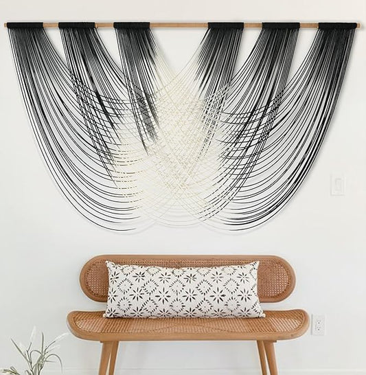 Jakalin Macrame Wall Hanging Black And White Dip Dyed Large Fiber Wall Art Macrame Wall Decor Boho Bedroom Living Room Wall Decor,59" W x 33" L