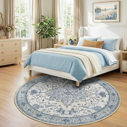 RELEANY Area Rugs Round 7ft Washable Non-Slip, Floral Vintage Distress Print Pattern Medallion Carpet for Living Room Bedroom Dining Room, Light Blue Navy Beige Gray White