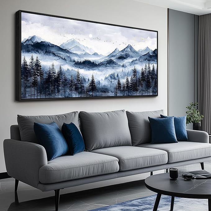 ERQINHUA Canvas Wall Art For Bedroom Large Wall Decor For Living Room Office Mural Misty and Fog Forest Painting Mountain Landscape Picture Artworks Home Decor Black Framed Ready To Hang 32x72 In