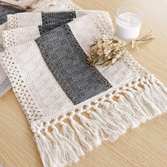 FEXIA Boho Table Runner for Summer Home Decor with Tassels 36 Inches Long Farmhouse Grey Rustic Burlap Table Runner Macrame Table Decoration for Kitchen Bedroom Living Room (12x36 Inches)