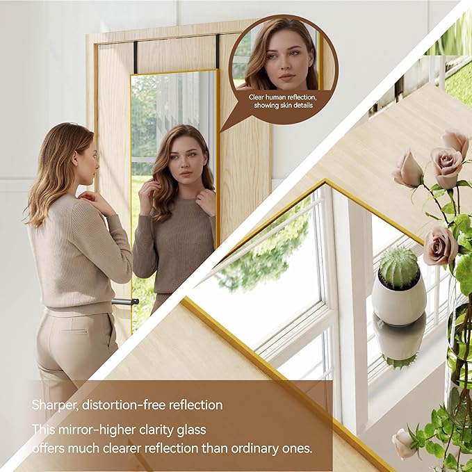 NARCISSUS 57x16 Mirror Door Hanging Full Length Body with Floor Stand or Wall Mounted Metal Aluminum Frame Tempered Glass Rectangle Mirrors for Bedroom Dressing Living Room Bathroom 57 inch Gold