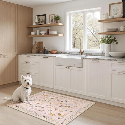 Soalmost 2x3 Dog Rugs for Entryway, Machine Washable Door Mat Animal Floral Small Area Rug Non-Slip Low Pile Soft Throw Rugs for Entrance Kitchen Indoor Front Door Kids Room (2 x 3,Pink)