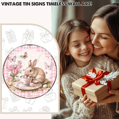 Easter Bunny in a Tea Cup Wreath Metal Sign Rustic Farmhouse Design Floral Spring Decor For Front Door Wall Art 12X12Inch