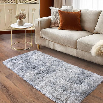 Ultra Soft Runner Rugs for Bedroom Hallways with Upgraded Non-Slip Rubber Backing & Thick Memory Sponge, 2 Packs 2x4 Feet Fluffy Shag Throw Area Rug for Bedside Dorm Tie-dye Light Grey