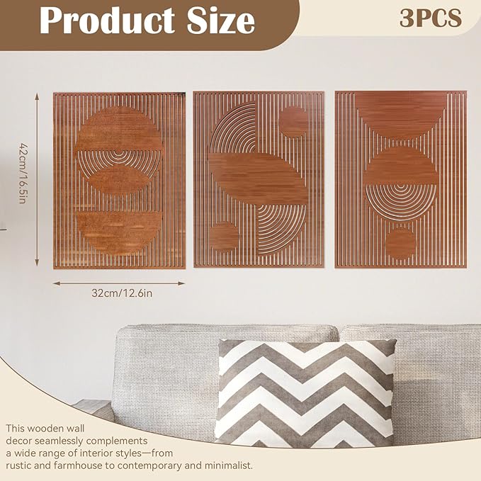 Betinyar 3PCS Geometric Abstract Wood Wall Art, Modern Wood Wall Decor with Hollow Design & Metal Hook, Vintage Brown Minimalist Home Decor for Living Rooms, Bedrooms, Offices, & Cafes (Dark brown)