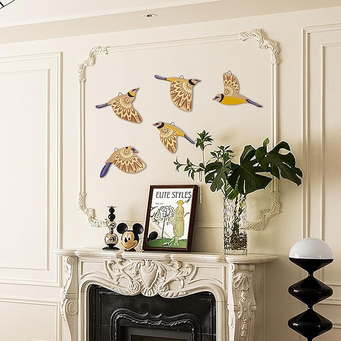 Vumyhuby 5 Pcs Blue Wooden Bird Wall Art | Rustic Folk Art Wall Decor for Indoor Use | Handcrafted Wood Flying Birds Wall Hangings for Living Room, Bedroom, Kitchen, Office | Scandinavian Home Decor Gift