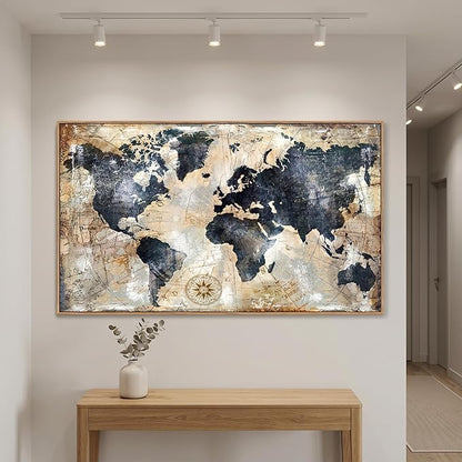Framed Wall Art World Map Canvas Art Print Picture Wall Decor Home Interior - Map Picture for Office Decor Travel Memory Nautical Canvas Artwork 24x48 inch Ready to Hang (Framed)