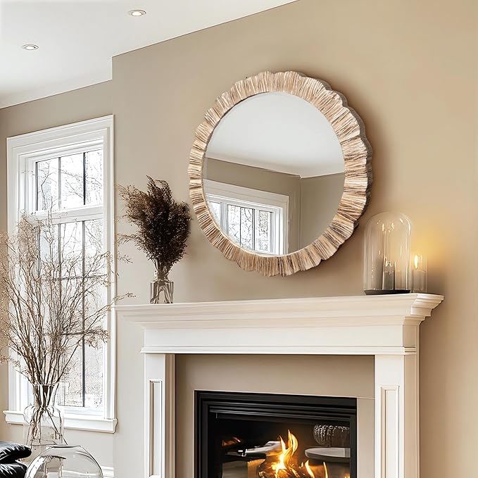 35" Wood Round Mirror, Rustic Wall Mirror with Thick Frame, Large Round Mirrors for Wall Decor, Wooden Circle Beveled Mirrors for Entryway, Farmhouse, Washed White