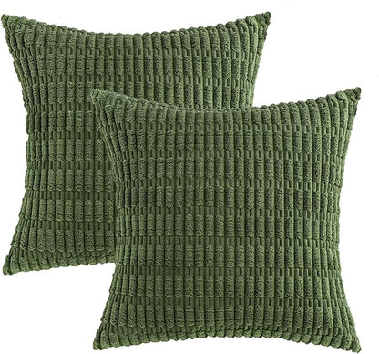 MIULEE Pack of 2 Spring Corduroy Decorative Euro Sham Throw Pillow Covers 24x24 Inch Soft Boho Striped Pillow Covers Modern Farmhouse Home Decor for Summer Sofa Living Room Couch Bed Moss Green