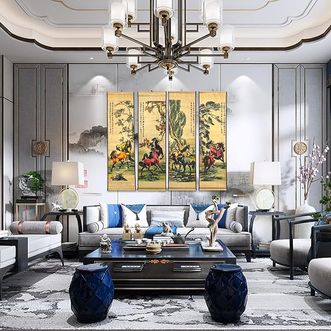 4 Panels Watercolor Horse Scroll Painting for Living Room Farmhouse Large Wall Hanging Decor, 8 Horses Animal,56.8x49 Inches