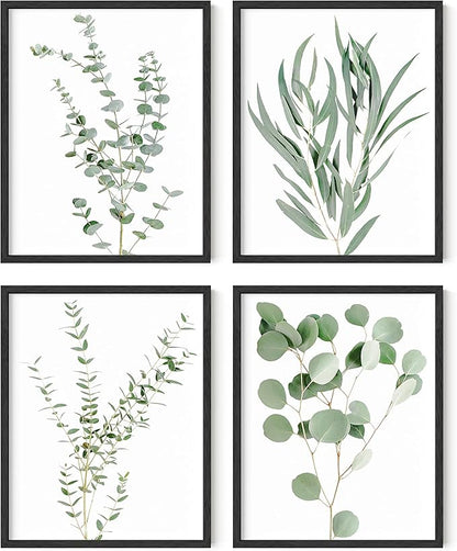 HAUS AND HUES Botanical Plant Wall Art Prints - Set of 4 Plant Wall Decor Prints Floral Kitchen Flower Leaves Wall Art Boho Leaf Eucalyptus Wall Decor Green Botanical Poster Set (11x14, Black Framed)