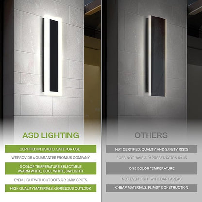ASD LED 18" Long Wall Mount Light Fixture, Outdoor & Indoor Linear Sconce | 3CCT, Dimmable, Waterproof, Anti-Rust, ETL Listed | 18W 1570LM 3000-5000K 100-277V | Exterior Porch Lighting | Black, 2 Pack