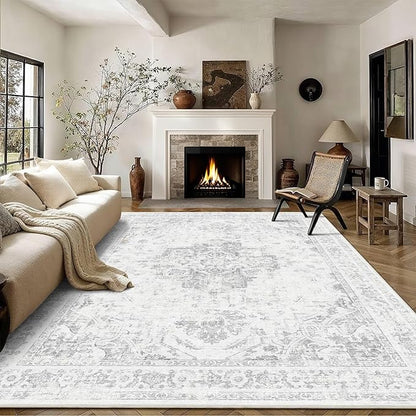 9x12 Vintage Washable Area Rugs Boho Medallion Large Distressed Retro Accent Carpet Floral Non-Slip Soft Low Pile Indoor Throw Rug for Living Room Bedroom Dining Room Office Kitchen, Gray