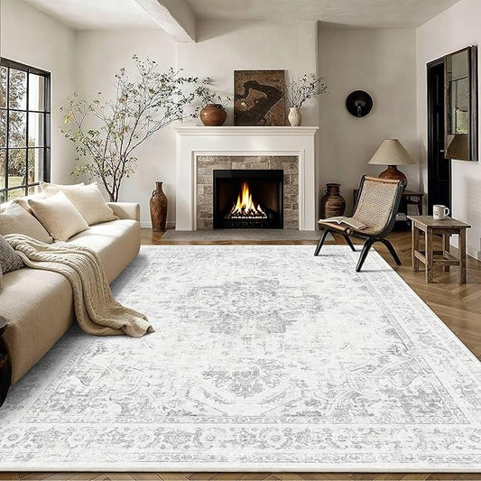 9x12 Vintage Washable Area Rugs Boho Medallion Large Distressed Retro Accent Carpet Floral Non-Slip Soft Low Pile Indoor Throw Rug for Living Room Bedroom Dining Room Office Kitchen, Gray