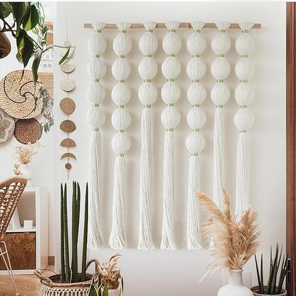 IOWER Macrame Wall Hanging Boho Wall Decor Ball Tassels Handmade Boho Woven Wall Decor for Living Room Bedroom Background 27" W x 39" L