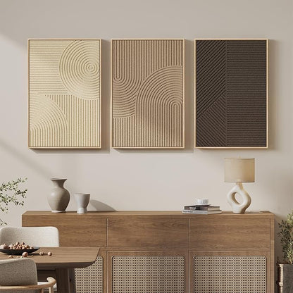 Large 3D Textured Framed Boho Neutral Wall Art for Living Room, 3 Piece Modern Minimalist Texture Paintings Artwork for Walls, Brown Beige Tan Geometric Pictures for Hallway Office Wall Decor 20x30 In