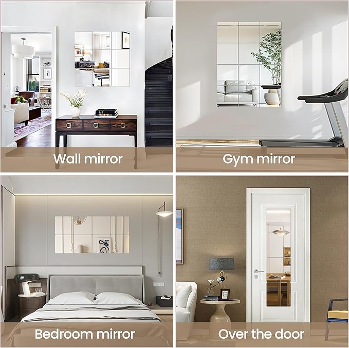 LXCREAT Self Adhesive Stick on Mirror for Wall, Small Unbreakable Acrylic Mirrors Tiles 11.8x11.8 Inch 4PCS, Flexible Full Length Peel and Stick Mirror for Bathroom Gym Home Door Decor