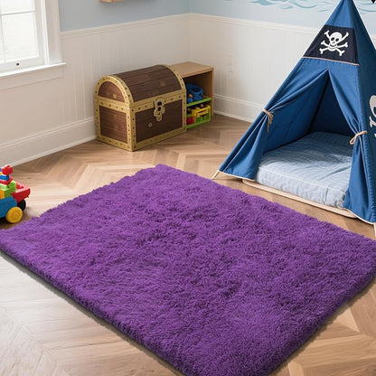 Purple Fluffy Rug Shag Area Rug, 4x6 Area Rugs for Girls Bedroom, Soft Cute Baby Play Mat, Indoor Floor Carpet for Teen, Nursery, Preppy Dorm, Plush Aesthetic Bedside Rug