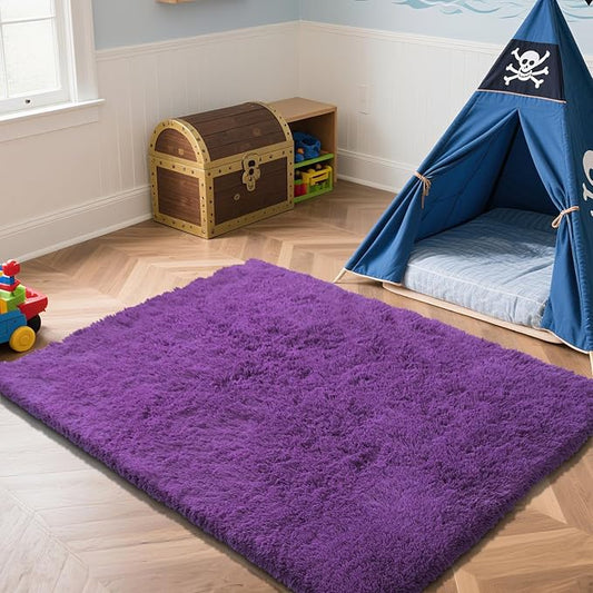 Purple Fluffy Rug Shag Area Rug, 6x9 Area Rugs for Girls Bedroom, Big Soft Shag Bedside Non-Slip Plush Dorm Nursery Kids Carpet Home Decor Aesthetic