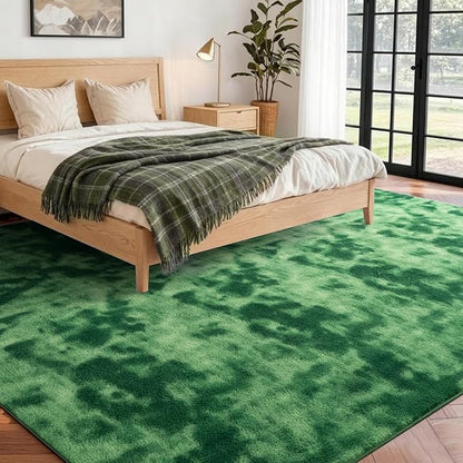 FinRèc 5x7 Washable Area Rugs for Bedroom Living Room, Low Pile Thin Ultra Soft Shag Rug, Non-Slip Carpet Indoor for Home Decor (Tie-dye Green)