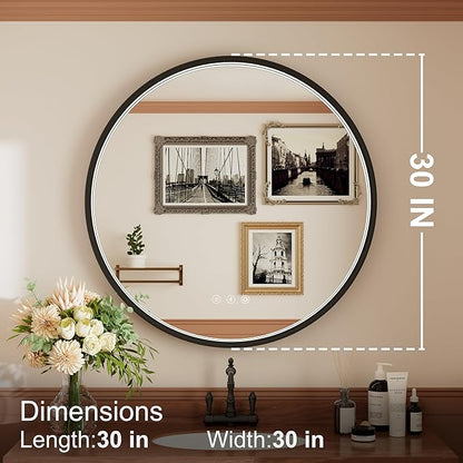 30 Inch Round LED Bathroom Mirror with Dual Bluetooth, 3 Color Temperatures (3000K/4500K/6000K), Anti-Fog, Dimmable, Black Frame Round Vanity Mirror with Lights and Bluetooth