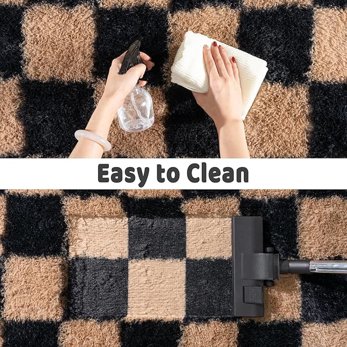 Shag Rugs for Living Room 8x10, Ultra Soft Checkered Black Beige Big Fuzzy Rugs for Bedroom, 8 x 10 Fluffy Shaggy Plush Carpet Kids Room Dorm Upgrade Non-Slip