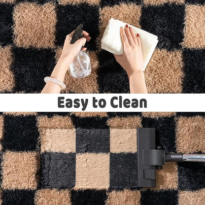 Shag Rugs for Bedroom, 4x6 Checkered Black Beige Soft Fuzzy Rugs for Living Room, Fluffy Shaggy Plush Carpet Kids Room Dorm Upgrade Non-Slip