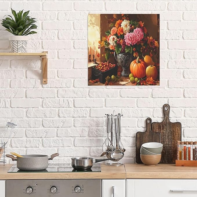 LB Vintage Kitchen Wall Art Pink and White Flower and Orange Pumpkin Floral Canvas Wall Art Modern Aesthetic Wall Decor for Living Room Restaurant Home Decoration Framed Ready to Hang 12L x 12W