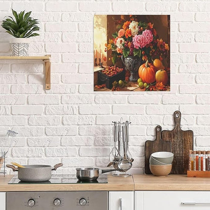 LB Vintage Kitchen Wall Art Pink and White Flower and Orange Pumpkin Floral Canvas Wall Art Modern Aesthetic Wall Decor for Living Room Restaurant Home Decoration Framed Ready to Hang 12L x 12W