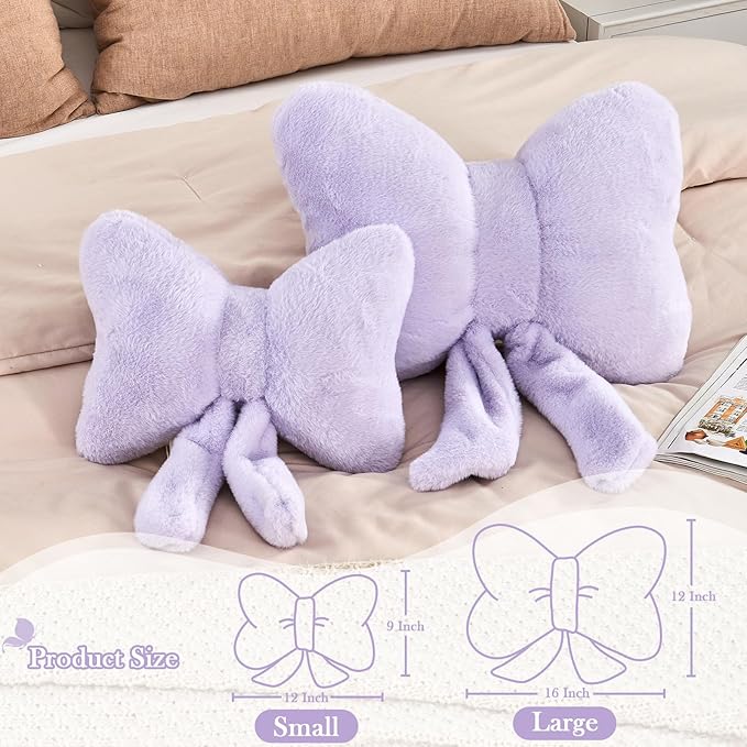 XVTRU Lavender Bow Pillow, Soft Bow Decorative Pillows with Faux Rabbit Fur, Cute 16" Bow Throw Pillows, Aesthetic Home Decor Bow Shaped Plush Pillow for Bedroom Sofa Couch