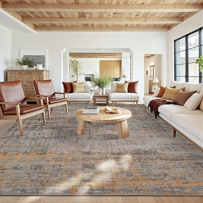 Rugxara 10x14 Extra Large Washable Area Rug, Soft Abstract Vintage Rug for Living Room, Bedroom, Office, Farmhouse, Low Pile Imitation Wool Non Slip Carpet Ideal for High-Traffic Areas, Taupe