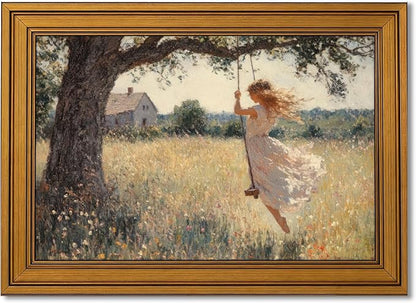Vintage Gold Framed Canvas Wall Art, Swing Girl Poster Artwork, Country Landscape Print Picture, English Cottage Wildflorals Painting Wall Decor, for Living Room, Bedroom, Home Decoration, 9x11in