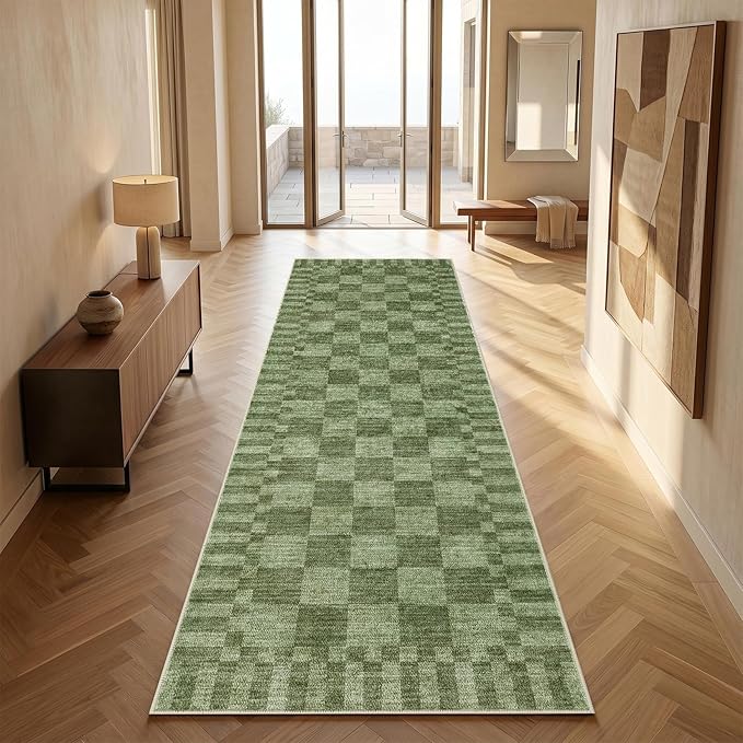 GarveeHome 2.5×8 Kitchen Runner Rug Non Slip,Moss Green Checkered Rug,Washable Runner Rug for Hallway Soft Low-Pile Geometric Checkerboard Rugs for Entryway Kitchen Dining Room