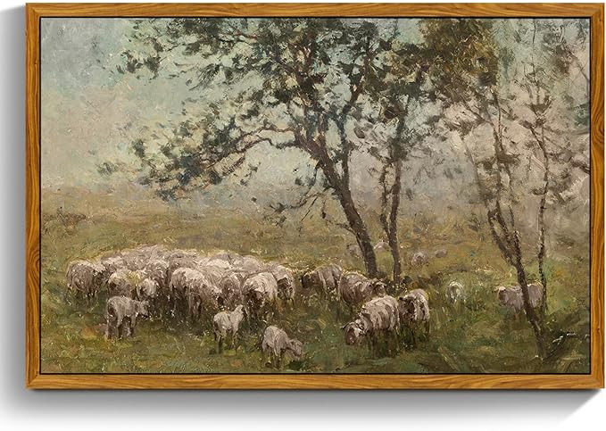 crmotu Vintage Framed Wall Art, Animal Landscape Canvas Prints, Prairie Sheep Rustic Farmhouse Decor Pictures, French Country Retro Paintings Wall Decor Living Room Bedroom Bathroom Kitchen 20x30in