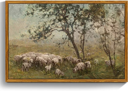 crmotu Vintage Framed Wall Art, Animal Landscape Canvas Prints, Prairie Sheep Rustic Farmhouse Decor Pictures, French Country Retro Paintings Wall Decor Living Room Bedroom Bathroom Kitchen 20x30in
