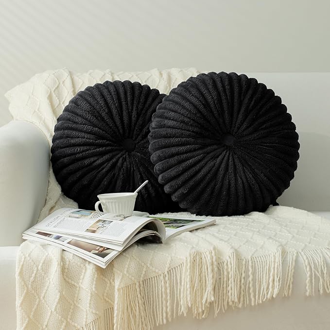 HIG Decorative Round Throw Pillows for Bed Couch -Set of 2 Handcraft Ruched Pumpkin Pillow, Soft and Durable Flannel Floor Pillow for Home Decor, Bed Living Room and Sofa (Black,14.5"x14.5")