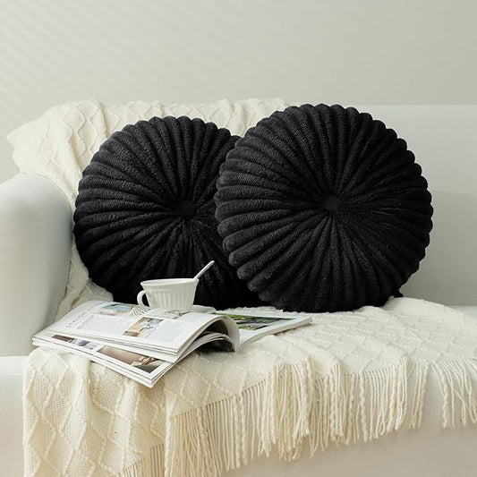 HIG Decorative Round Throw Pillows for Bed Couch -Set of 2 Handcraft Ruched Pumpkin Pillow, Soft and Durable Flannel Floor Pillow for Home Decor, Bed Living Room and Sofa (Black,14.5"x14.5")