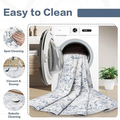6x9 Area Rugs for Living Room: Washable Rug Vintage Large Rugs Soft Non Slip Low Pile Rug Floral Distressed Floor Carpet for Bedroom Kitchen Nursery Dining Room Home Office (Blue, 6'x9')