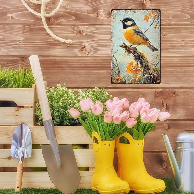 Metal Chickadee Bird Vintage Tin Sign for Home Living Room Kitchen Garden Bedroom Office Hotel Cafe And Pub Decoration 8x12inch
