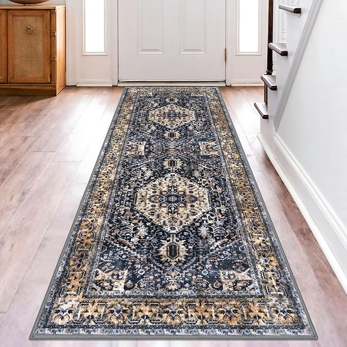 KOZYFLY Runners for Hallways 2.6x8 Ft Washable Kitchen Runner Rug Boho Runner Rug for Entryway Indoor Gold/Orange/Navy Printed Oriental Faux Wool Floor Carpet Runner for Bedroom