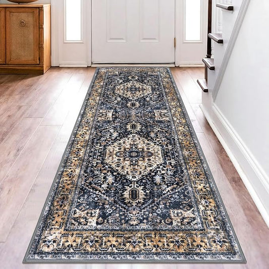 KOZYFLY Runners for Hallways 2.6x8 Ft Washable Kitchen Runner Rug Boho Runner Rug for Entryway Indoor Gold/Orange/Navy Printed Oriental Faux Wool Floor Carpet Runner for Bedroom