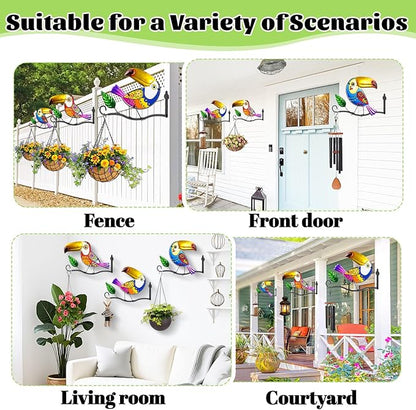 3PCS Metal Owl Wall Art Decor Hooks, 3D Colorful Stained Glass Hanger for Flower Baskets Wind Chimes Lanterns, Indoor & Outdoor wall Decor for Garden Porch Living Room Balcony(Toucan)