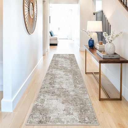 2x8 Washable Non-Slip Hallway Runner Rug – Modern Abstract Soft Carpet for Kitchen, Bedroom with Rubber Backing – Low-Pile Thin Stain-Resistant Rug for Bathroom,Laundry Room,Entryway（Beige Grey）