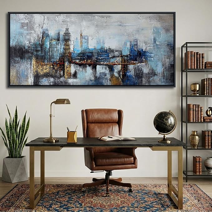Large Wall Art for Bedroom Abstract City View Canvas Art Gray Blue Buildings Prints for Bedroom Wall Art Office Artwork Wall Decor for Living Room Decor 31x70 inches Black Framed